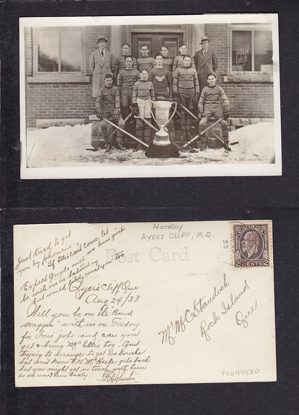 1933 AYERS CLIFF HOCKEY TEAM POST CARD photo