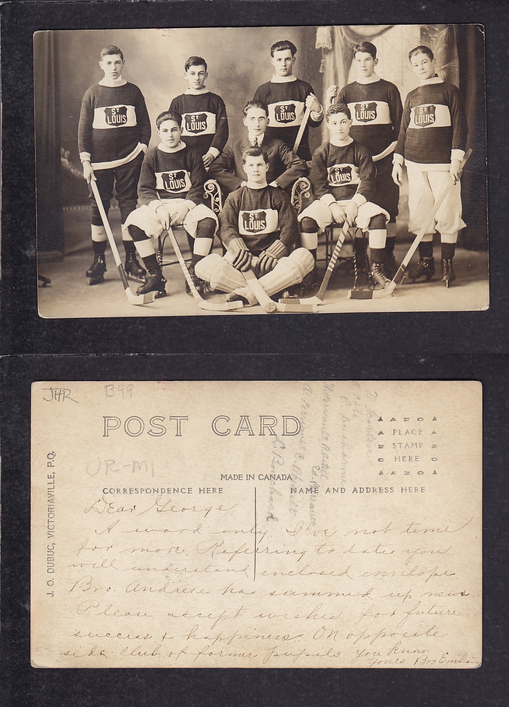 1900'S VICTORIAVILLE HOCKEY TEAM POST CARD photo