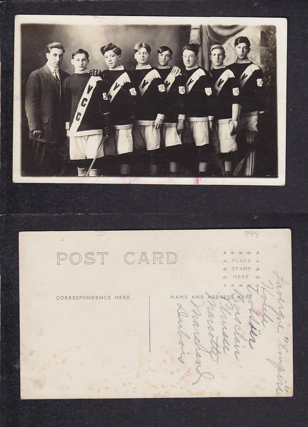 1900'S VICTORIAVILLE HOCKEY TEAM POST CARD photo