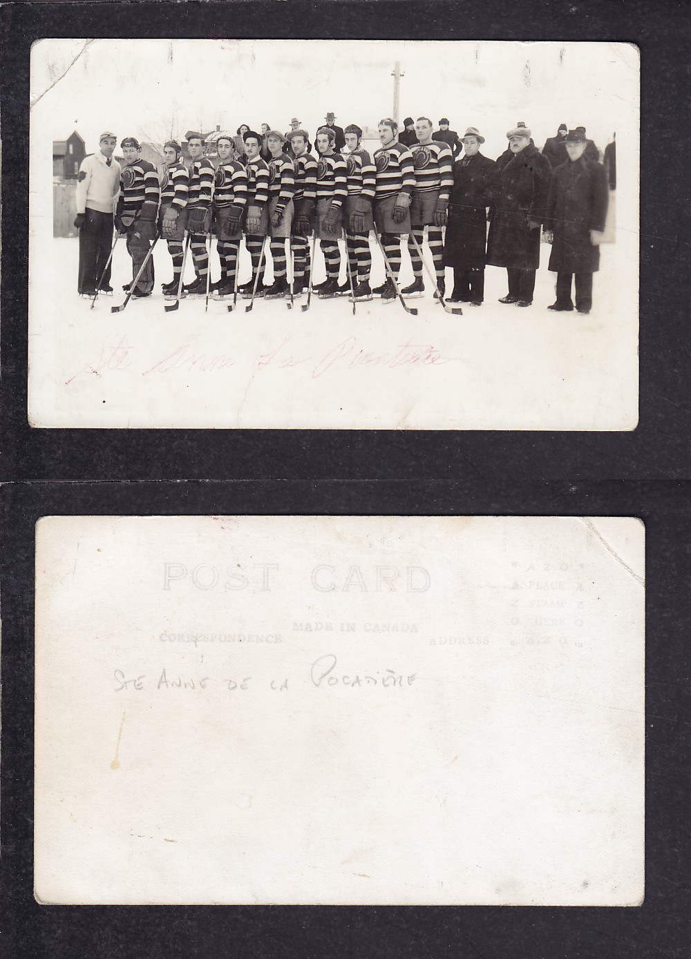 1930'S STE ANNE DE LAPOCATIERE  HOCKEY TEAM POST CARD photo