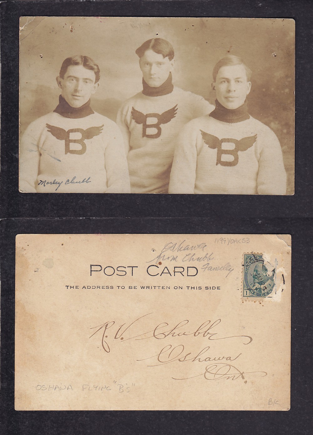 1900'S OSHAWA FLYING B'S HOCKEY TEAM POST CARD photo