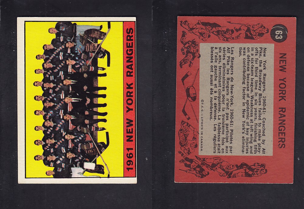 1961-62 TOPPS HOCKEY CARD #63 NEW YORK RANGERS photo 1961-62 TOPPS HOCKEY CARD #63 NEW YORK RANGERS photo