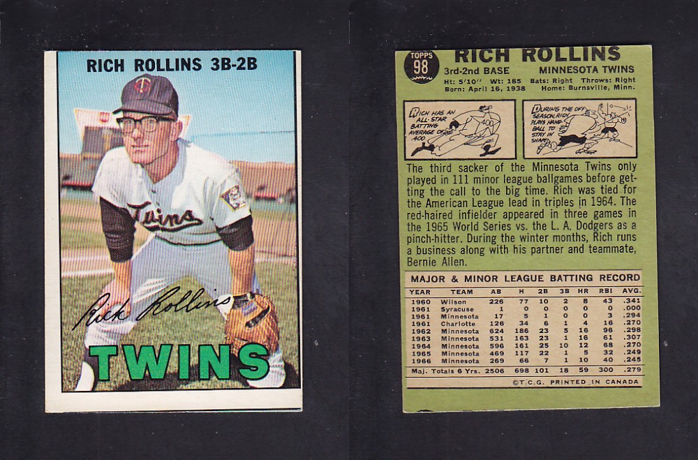 1967 O-PEE-CHEE BASEBALL CARD #98 R. ROLLINS photo
