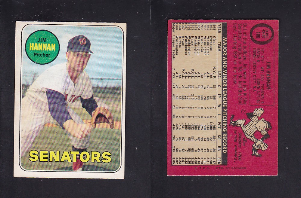 1969 O-PEE-CHEE BASEBALL CARD #106 J. HANNAN photo 1969 O-PEE-CHEE BASEBALL CARD #106 J. HANNAN photo