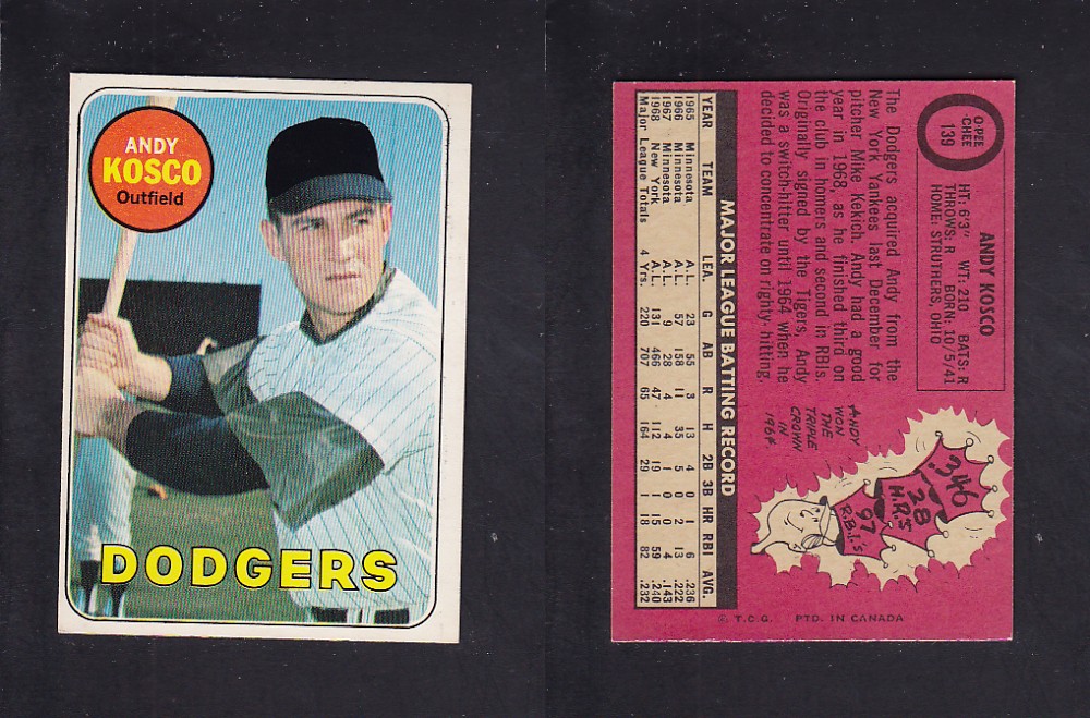 1969 O-PEE-CHEE BASEBALL CARD #139 A. KOSCO photo 1969 O-PEE-CHEE BASEBALL CARD #139 A. KOSCO photo