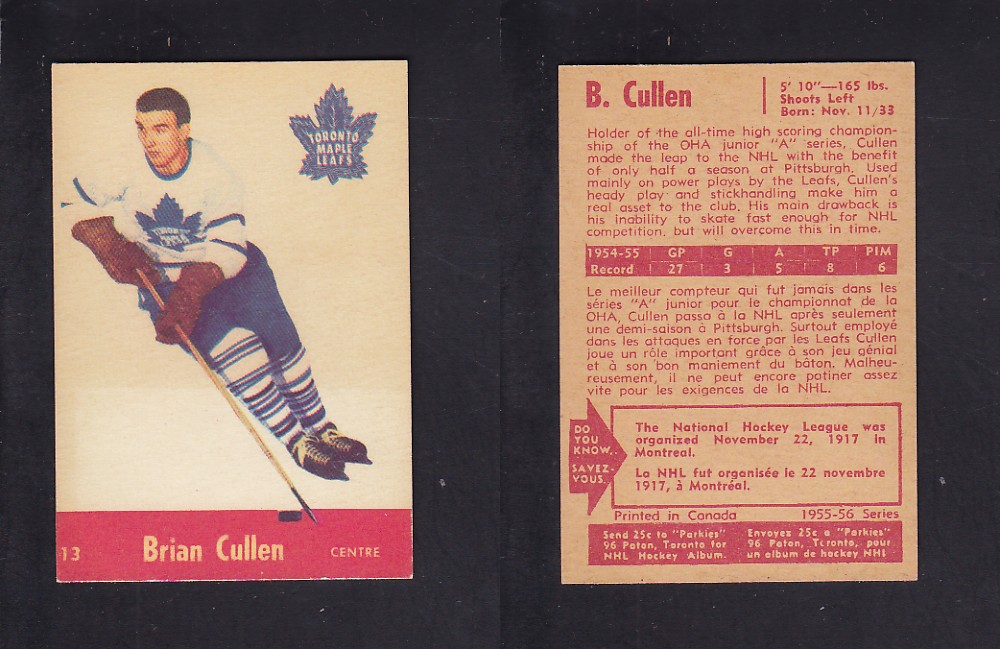 1955-56 PARKHURST HOCKEY CARD #13 B. CULLEN photo 1955-56 PARKHURST HOCKEY CARD #13 B. CULLEN photo