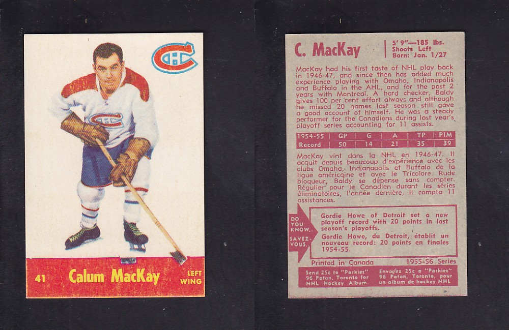 1955-56 PARKHURST HOCKEY CARD #41 C. MACKAY photo 1955-56 PARKHURST HOCKEY CARD #41 C. MACKAY photo