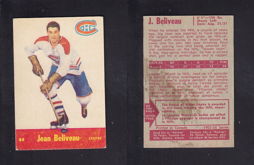 1955-56 PARKHURST HOCKEY CARD #44 J. BELIVEAU photo 1955-56 PARKHURST HOCKEY CARD #44 J. BELIVEAU photo