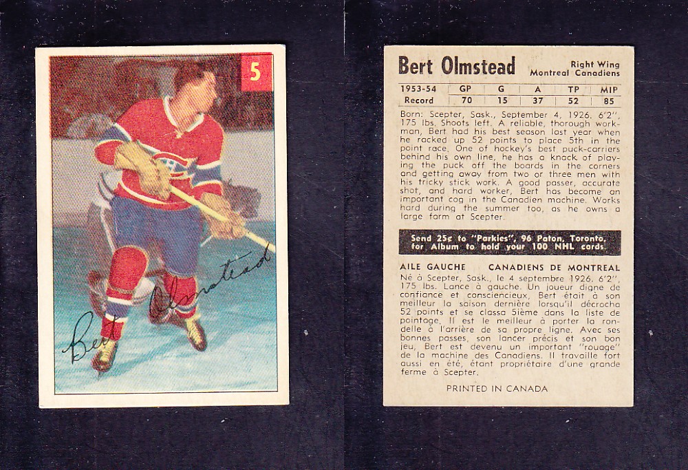 1954-55 PARKHURST HOCKEY CARD #5 B, OLMSTEAD photo 1954-55 PARKHURST HOCKEY CARD #5 B, OLMSTEAD photo