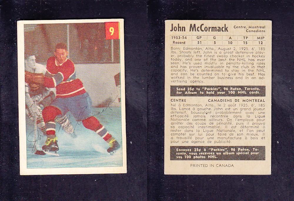 1954-55 PARKHURST HOCKEY CARD #9 J. MCCORMACK photo 1954-55 PARKHURST HOCKEY CARD #9 J. MCCORMACK photo