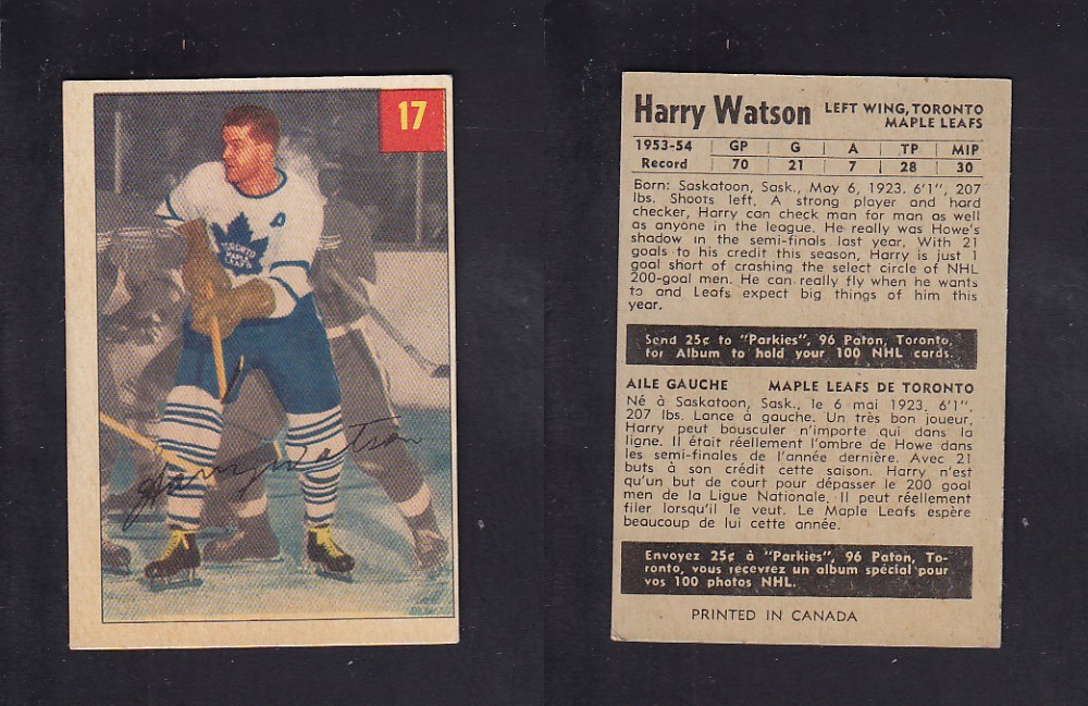 1954-55 PARKHURST HOCKEY CARD #17 H. WATSON photo 1954-55 PARKHURST HOCKEY CARD #17 H. WATSON photo