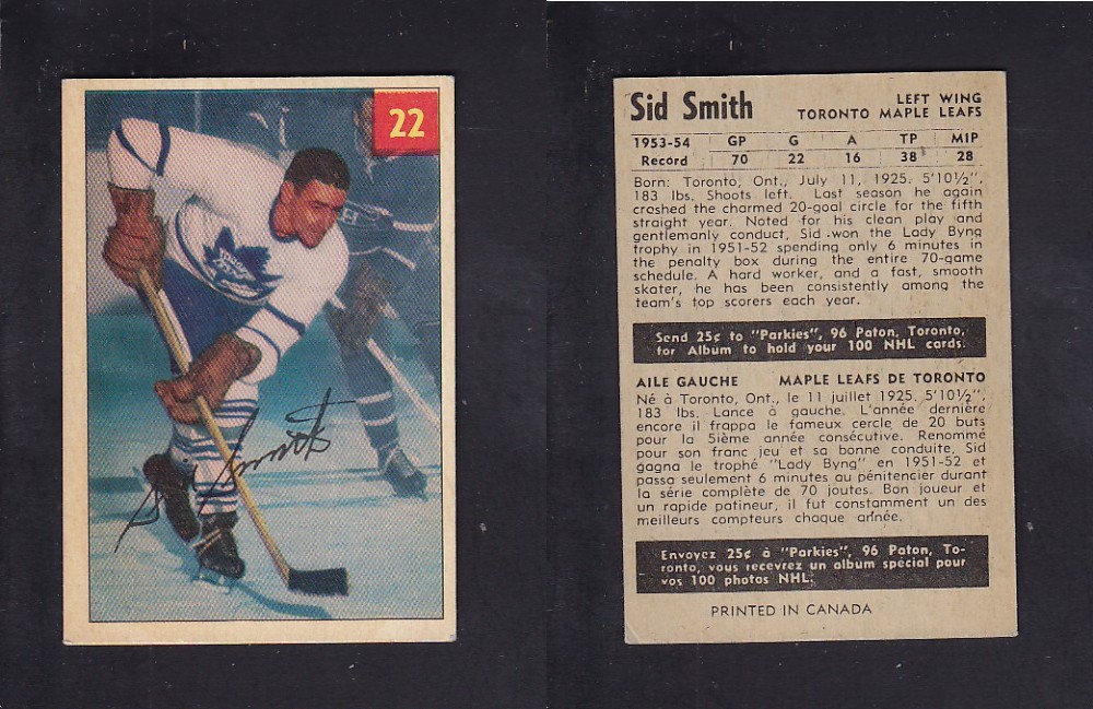 1954-55 PARKHURST HOCKEY CARD #22 S. SMITH photo 1954-55 PARKHURST HOCKEY CARD #22 S. SMITH photo