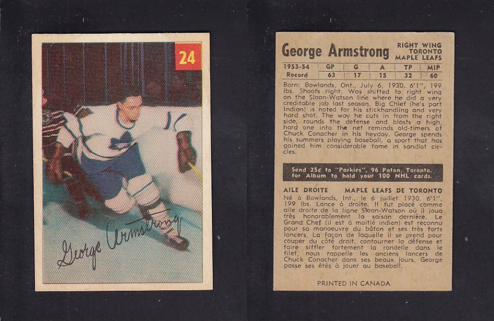 1954-55 PARKHURST HOCKEY CARD #24 G. ARMSTRONG photo 1954-55 PARKHURST HOCKEY CARD #24 G. ARMSTRONG photo