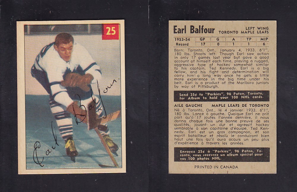 1954-55 PARKHURST HOCKEY CARD #25 E. BALFOUR photo 1954-55 PARKHURST HOCKEY CARD #25 E. BALFOUR photo