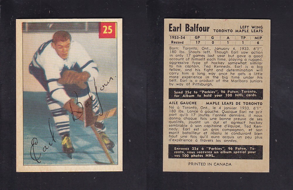 1954-55 PARKHURST HOCKEY CARD #25 E. BALFOUR photo 1954-55 PARKHURST HOCKEY CARD #25 E. BALFOUR photo