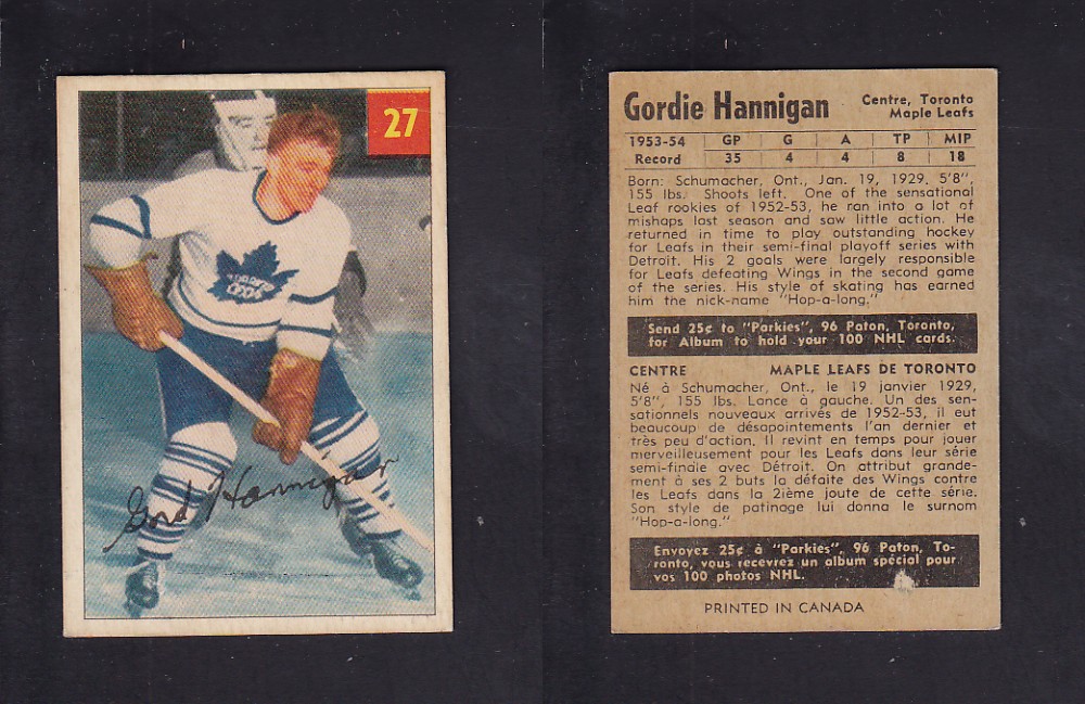 1954-55 PARKHURST HOCKEY CARD #27 G. HANNIGAN photo 1954-55 PARKHURST HOCKEY CARD #27 G. HANNIGAN photo