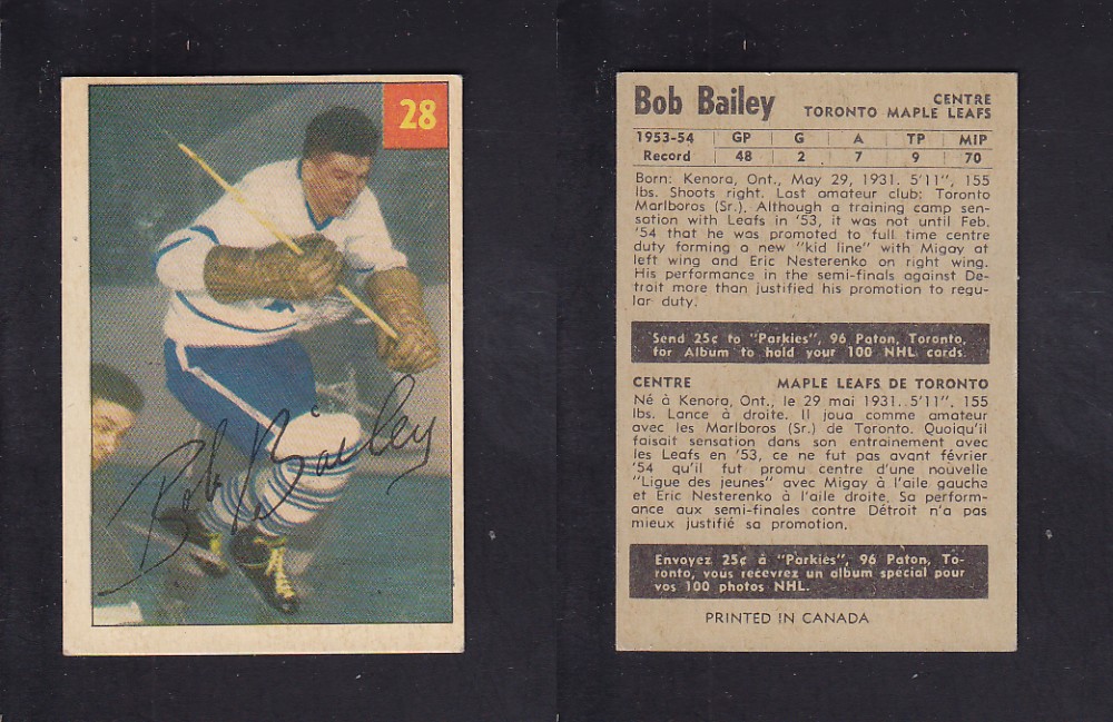 1954-55 PARKHURST HOCKEY CARD #28 B. BAILEY photo 1954-55 PARKHURST HOCKEY CARD #28 B. BAILEY photo