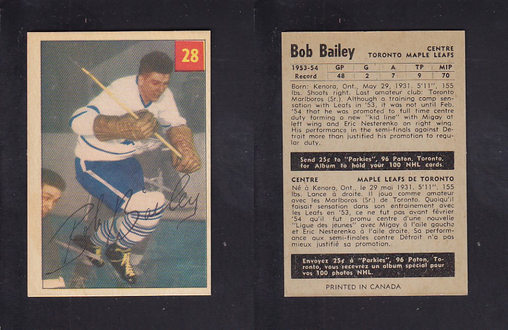 1954-55 PARKHURST HOCKEY CARD #28 B. BAILEY photo 1954-55 PARKHURST HOCKEY CARD #28 B. BAILEY photo