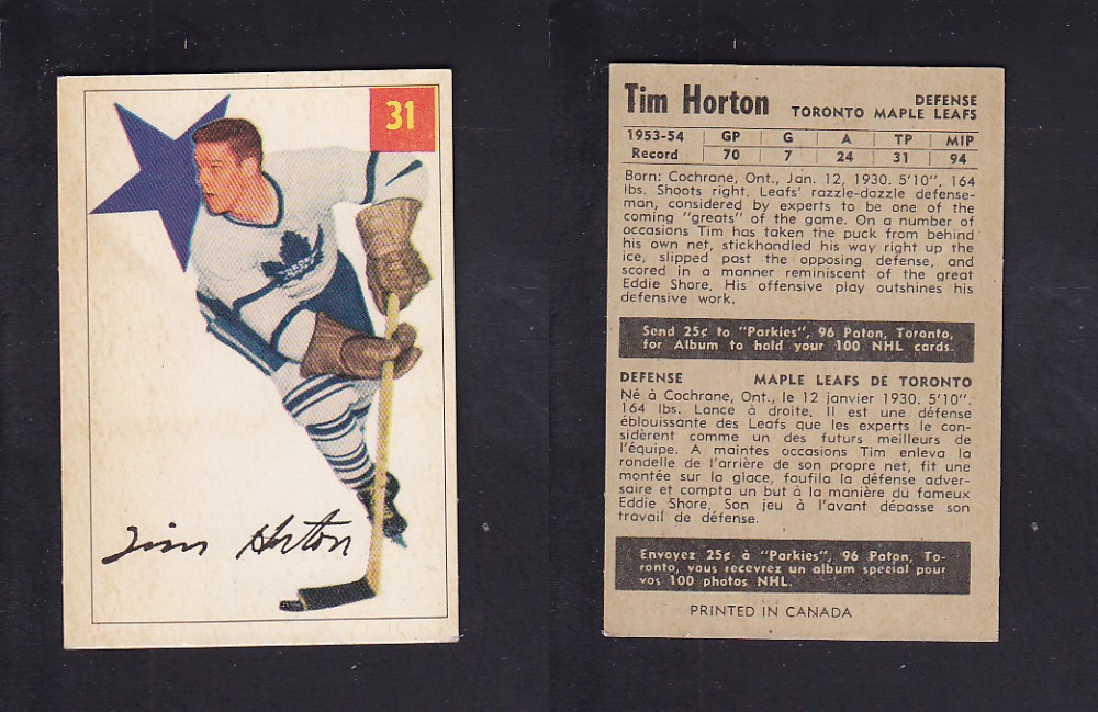 1954-55 PARKHURST HOCKEY CARD #31 T. HORTON photo 1954-55 PARKHURST HOCKEY CARD #31 T. HORTON photo