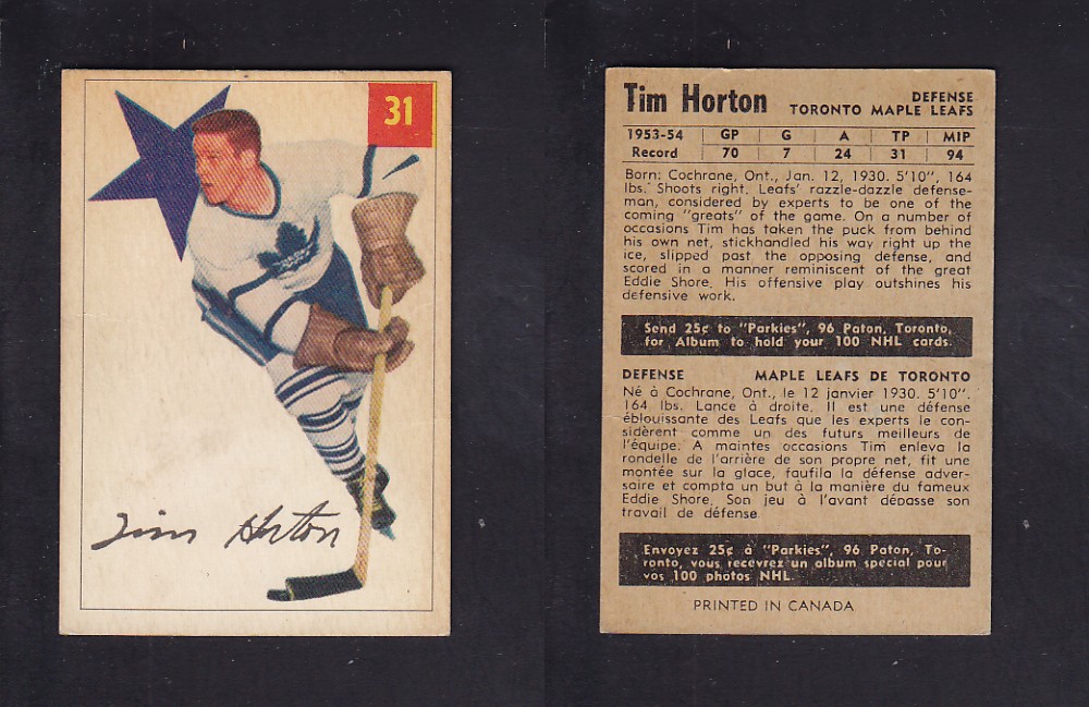 1954-55 PARKHURST HOCKEY CARD #31 T. HORTON photo 1954-55 PARKHURST HOCKEY CARD #31 T. HORTON photo
