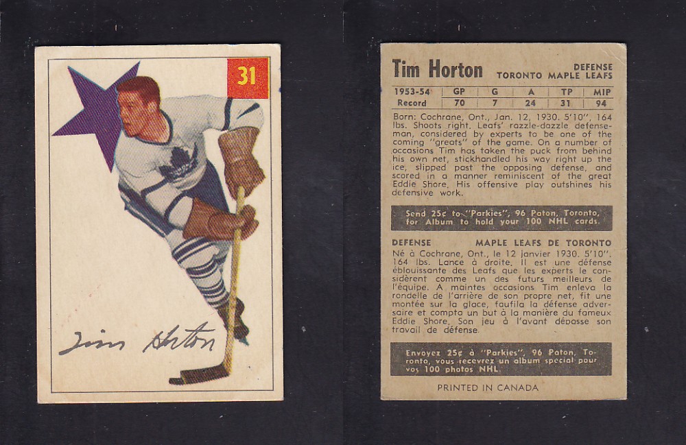 1954-55 PARKHURST HOCKEY CARD #31 T. HORTON photo 1954-55 PARKHURST HOCKEY CARD #31 T. HORTON photo