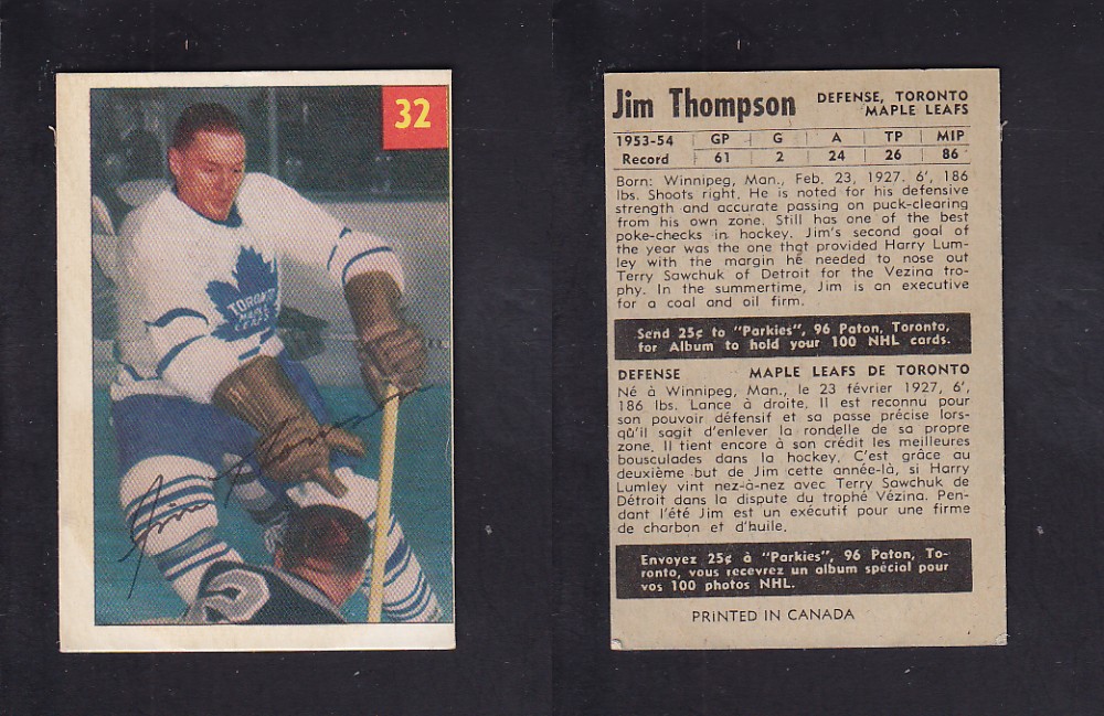 1954-55 PARKHURST HOCKEY CARD #32 J. THOMPSON photo 1954-55 PARKHURST HOCKEY CARD #32 J. THOMPSON photo