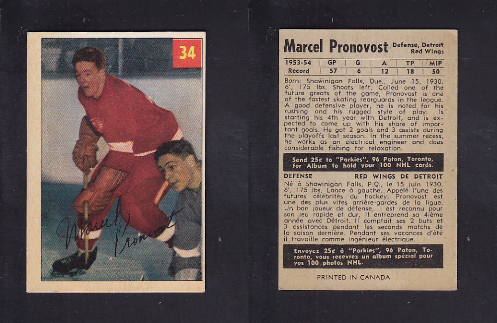 1954-55 PARKHURST HOCKEY CARD #34 M. PRONOVOST photo 1954-55 PARKHURST HOCKEY CARD #34 M. PRONOVOST photo