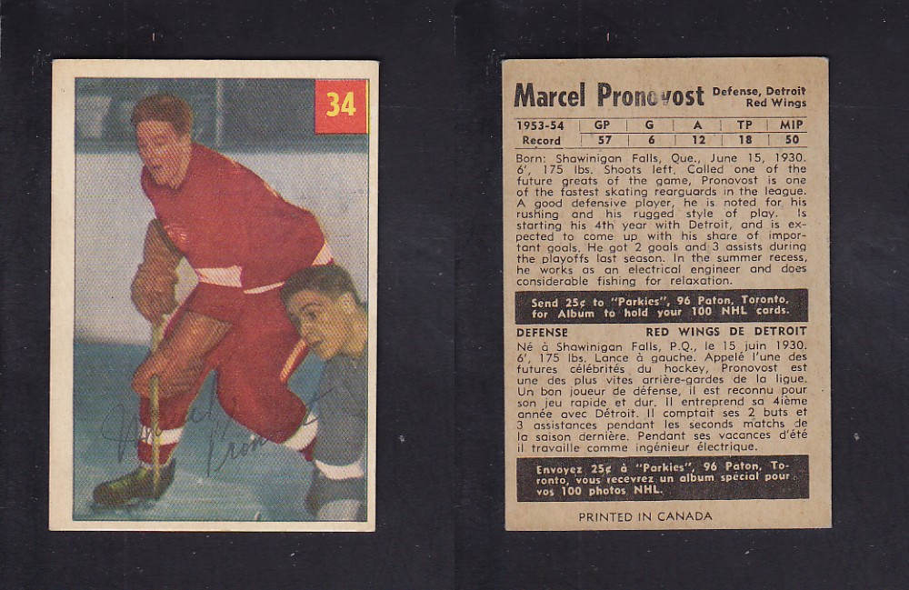 1954-55 PARKHURST HOCKEY CARD #34 M. PRONOVOST photo 1954-55 PARKHURST HOCKEY CARD #34 M. PRONOVOST photo