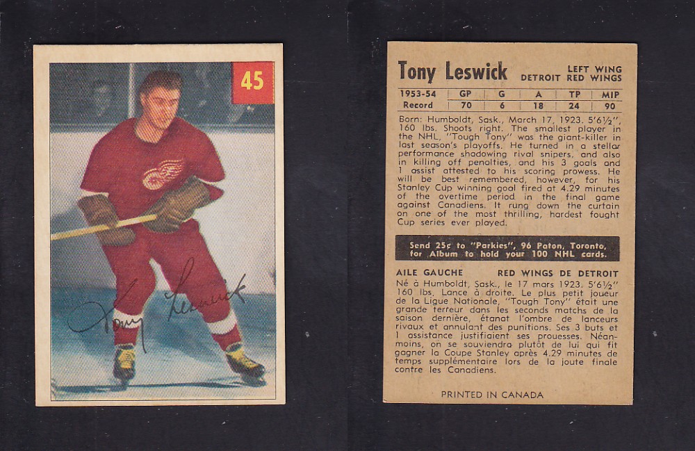 1954-55 PARKHURST HOCKEY CARD #45 T. LESWICK photo 1954-55 PARKHURST HOCKEY CARD #45 T. LESWICK photo