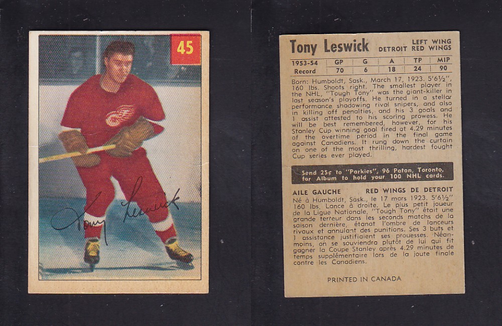1954-55 PARKHURST HOCKEY CARD #45 T. LESWICK photo 1954-55 PARKHURST HOCKEY CARD #45 T. LESWICK photo