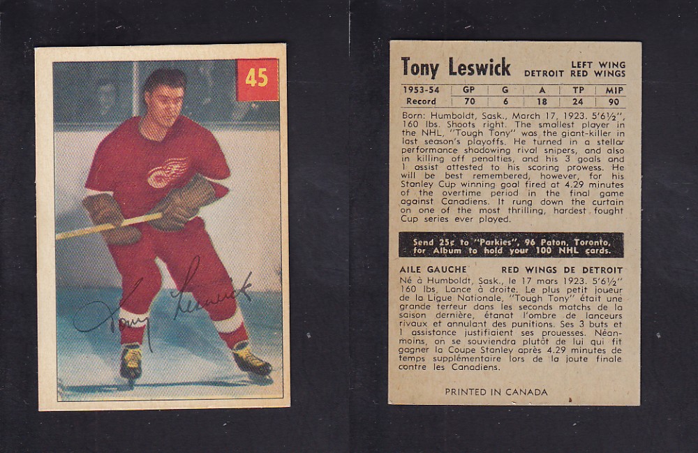 1954-55 PARKHURST HOCKEY CARD #45 T. LESWICK photo 1954-55 PARKHURST HOCKEY CARD #45 T. LESWICK photo
