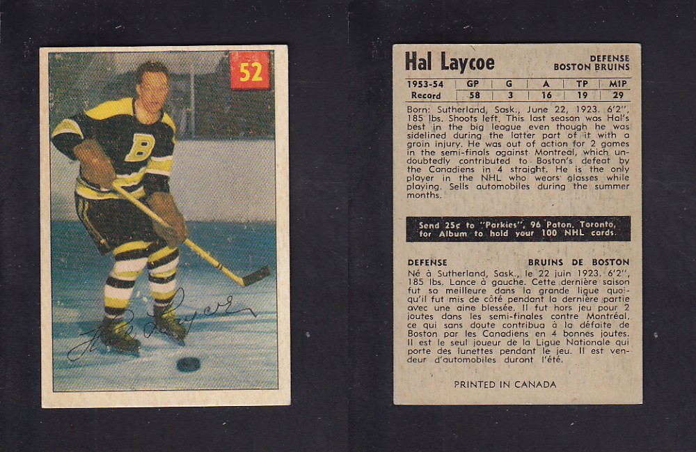 1954-55 PARKHURST HOCKEY CARD #52 H. LAYCOE photo 1954-55 PARKHURST HOCKEY CARD #52 H. LAYCOE photo