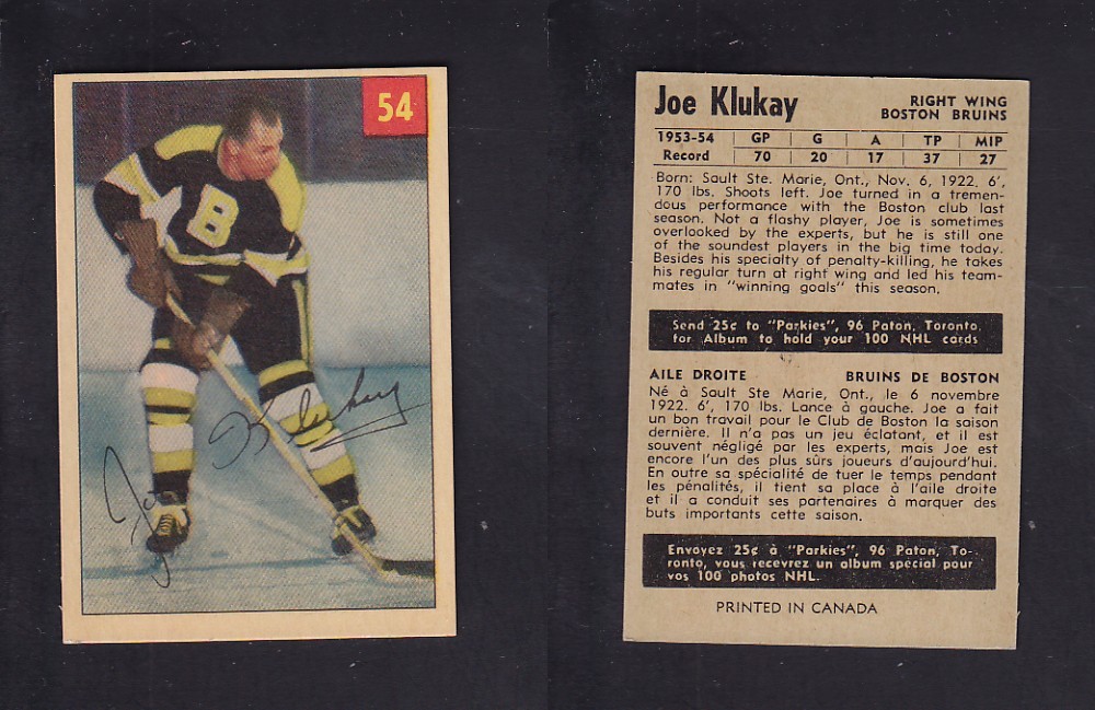 1954-55 PARKHURST HOCKEY CARD #54 J. KLUKAY photo 1954-55 PARKHURST HOCKEY CARD #54 J. KLUKAY photo