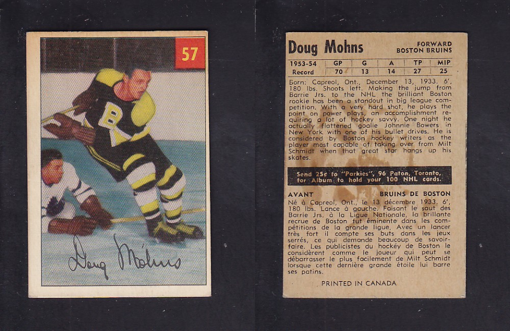 1954-55 PARKHURST HOCKEY CARD #57 D. MOHNS photo 1954-55 PARKHURST HOCKEY CARD #57 D. MOHNS photo