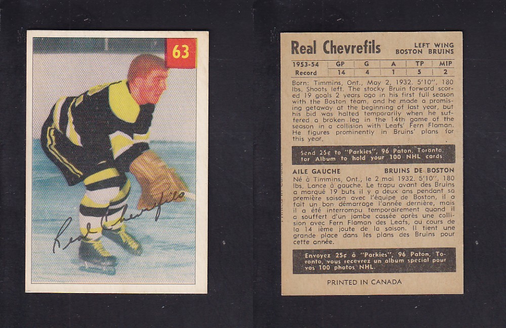1954-55 PARKHURST HOCKEY CARD #63 R. CHEVREFILS photo 1954-55 PARKHURST HOCKEY CARD #63 R. CHEVREFILS photo