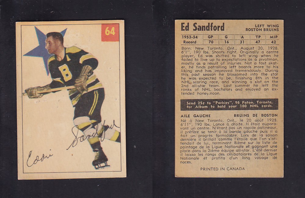 1954-55 PARKHURST HOCKEY CARD #64 E. SANDFORD photo 1954-55 PARKHURST HOCKEY CARD #64 E. SANDFORD photo