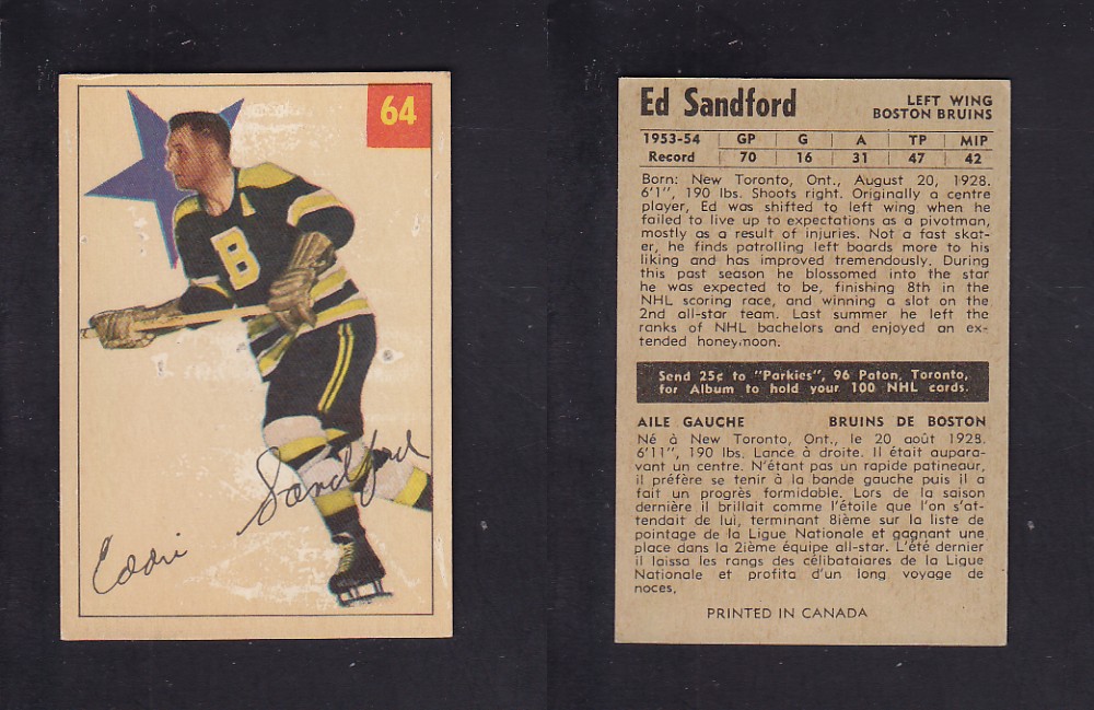 1954-55 PARKHURST HOCKEY CARD #64 E. SANDFORD photo 1954-55 PARKHURST HOCKEY CARD #64 E. SANDFORD photo