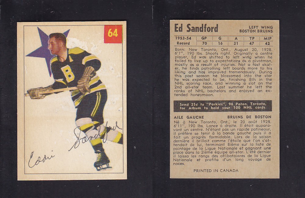 1954-55 PARKHURST HOCKEY CARD #64 E. SANDFORD photo 1954-55 PARKHURST HOCKEY CARD #64 E. SANDFORD photo
