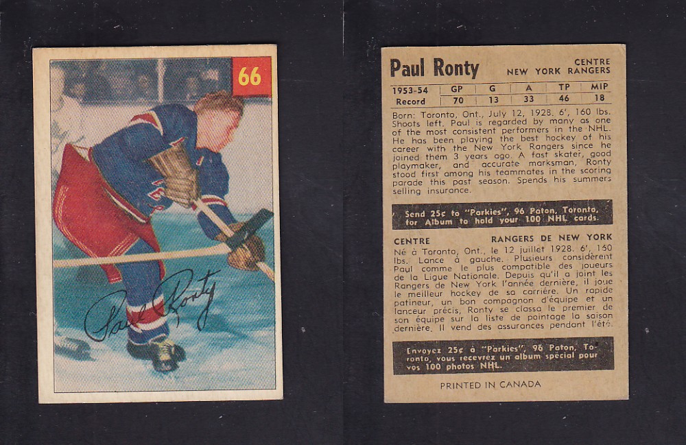 1954-55 PARKHURST HOCKEY CARD #66 P. RONTY photo 1954-55 PARKHURST HOCKEY CARD #66 P. RONTY photo