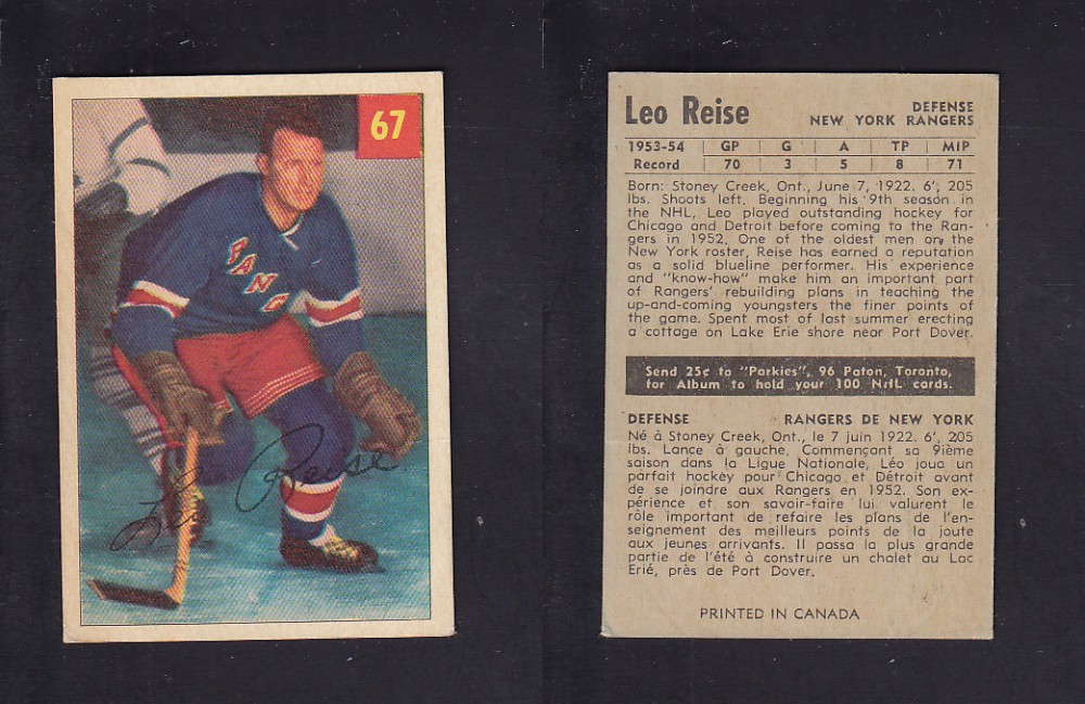 1954-55 PARKHURST HOCKEY CARD #67 L. REISE photo 1954-55 PARKHURST HOCKEY CARD #67 L. REISE photo