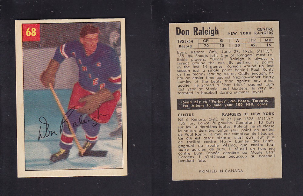 1954-55 PARKHURST HOCKEY CARD #68 D. RALEIGH photo 1954-55 PARKHURST HOCKEY CARD #68 D. RALEIGH photo