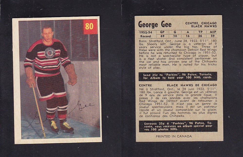 1954-55 PARKHURST HOCKEY CARD #80 G. GEE photo 1954-55 PARKHURST HOCKEY CARD #80 G. GEE photo