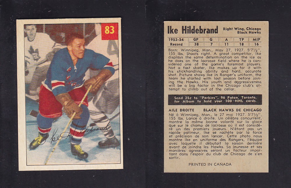 1954-55 PARKHURST HOCKEY CARD #83 I. HILDEBRAND photo 1954-55 PARKHURST HOCKEY CARD #83 I. HILDEBRAND photo