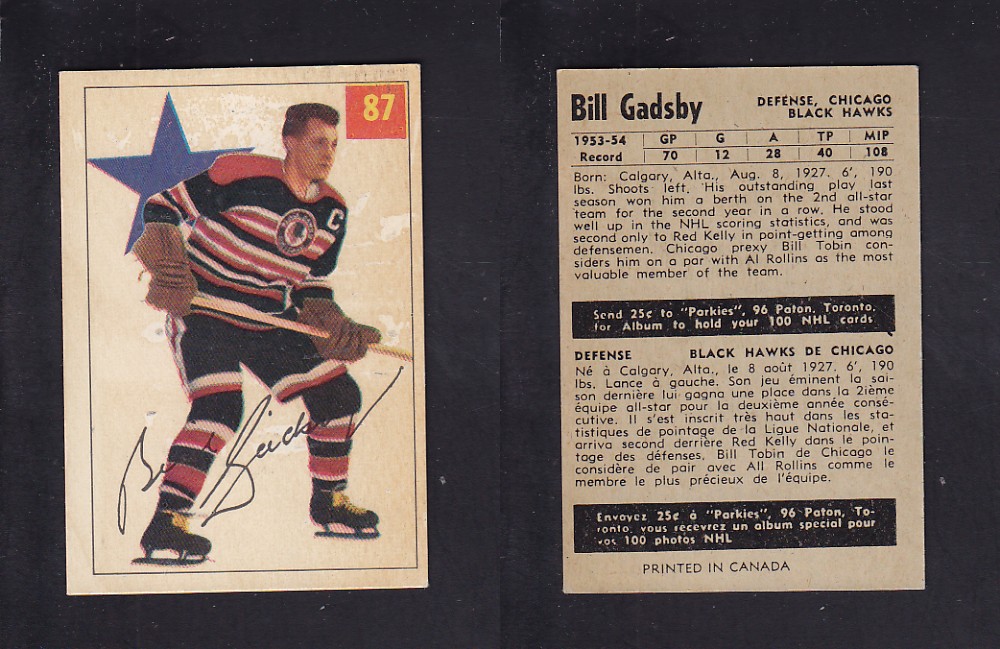 1954-55 PARKHURST HOCKEY CARD #87 B. GADSBY photo 1954-55 PARKHURST HOCKEY CARD #87 B. GADSBY photo