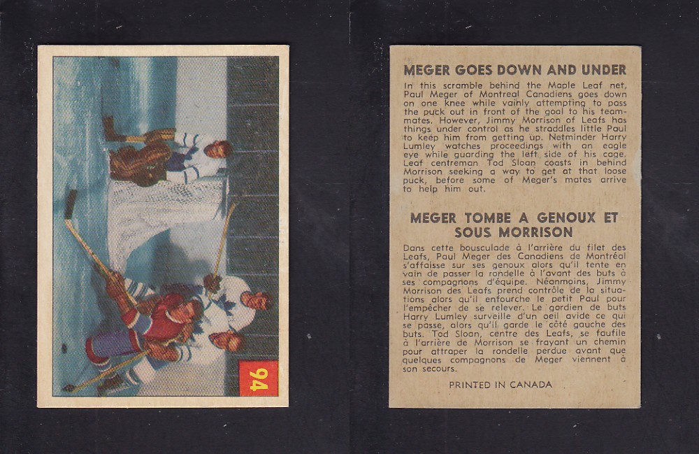 1954-55 PARKHURST HOCKEY CARD #94 MEGER GOES DOWN AND UNDER photo 1954-55 PARKHURST HOCKEY CARD #94 MEGER GOES DOWN AND UNDER photo