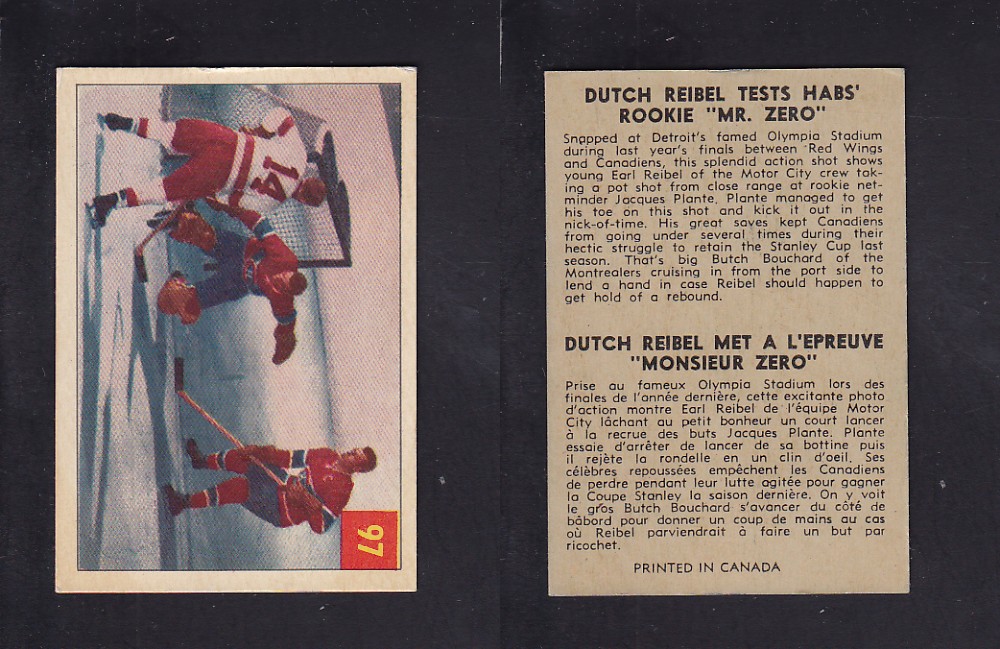 1954-55 PARKHURST HOCKEY CARD #97 D. REIBEL TESTS HABS' ROOKIE 1954-55 PARKHURST HOCKEY CARD #97 D. REIBEL TESTS HABS' ROOKIE