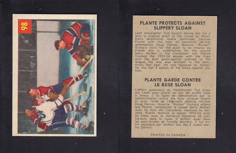 1954-55 PARKHURST HOCKEY CARD #98 PLANTE PROTECTS AGAINST SLIPPERY SLOAN photo 1954-55 PARKHURST HOCKEY CARD #98 PLANTE PROTECTS AGAINST SLIPPERY SLOAN photo