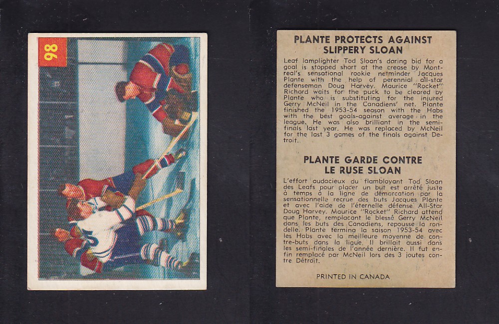 1954-55 PARKHURST HOCKEY CARD #98 PLANTE PROTECTS AGAINST SLIPPERY SLOAN photo 1954-55 PARKHURST HOCKEY CARD #98 PLANTE PROTECTS AGAINST SLIPPERY SLOAN photo