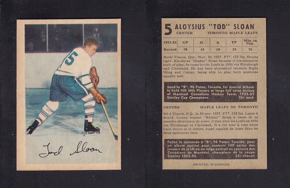 1953-54 PARKHURST HOCKEY CARD #5 T. SLOAN photo 1953-54 PARKHURST HOCKEY CARD #5 T. SLOAN photo