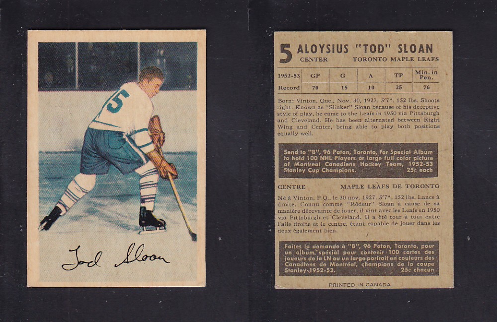 1953-54 PARKHURST HOCKEY CARD #5 T. SLOAN photo 1953-54 PARKHURST HOCKEY CARD #5 T. SLOAN photo